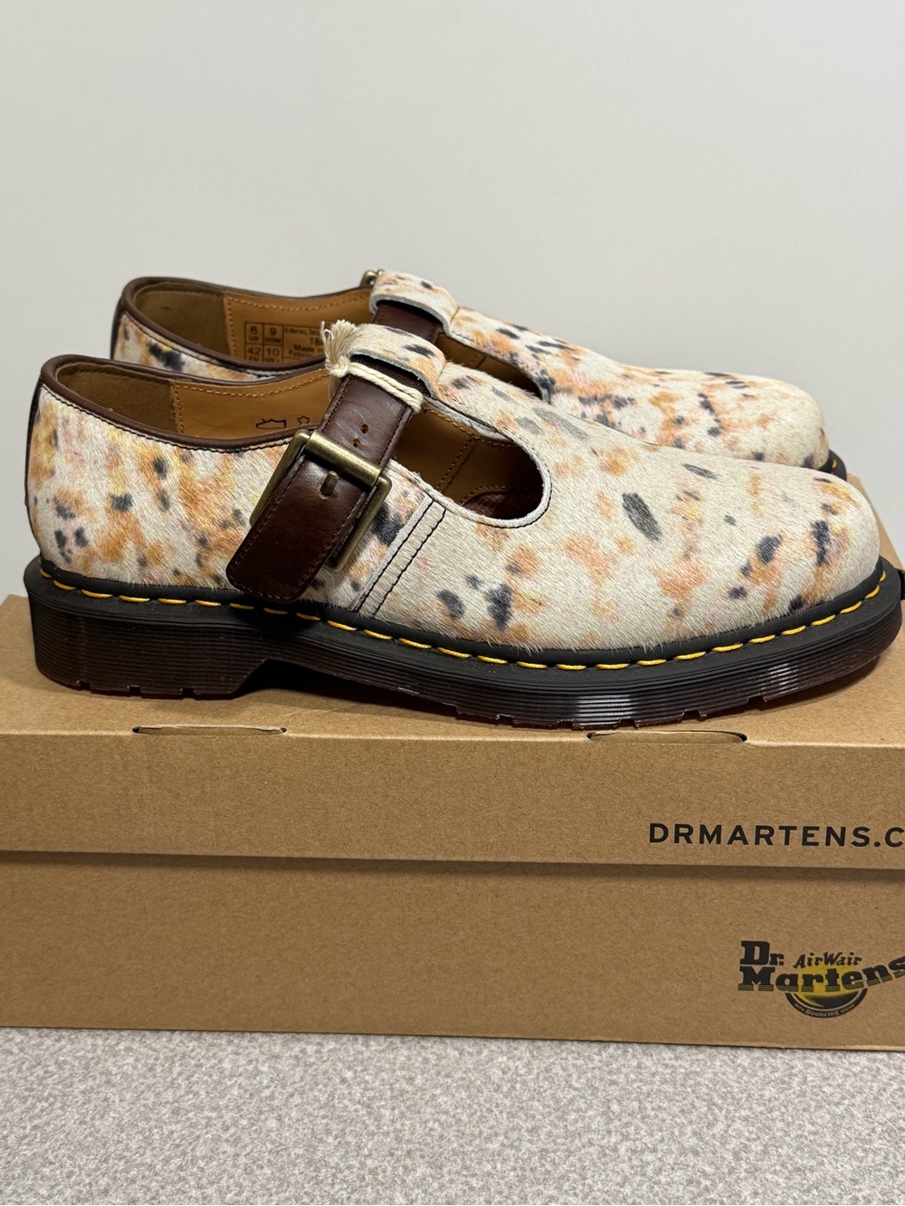 Dr. Martens Calf Hair T-Bar Shoe Abstract Hair On Orleans Unisex Size 9M/ 10W